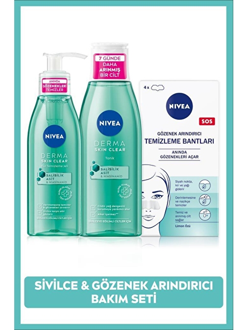 Derma Skin Clear Sivilce Karşıtı Yüz Temizleme Jeli,Tonik ve T-Bölgesi&Siyah Nokta Temizleyici Bant