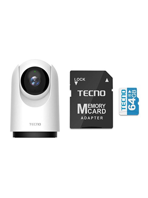 Tecno TH300 3MP 2K Ultra HD 360° Kablosuz Wifi Güvenlik Kamerası + Tecno 64Gb 100Mb/s Micro Sd Hafıza Kartı ve Adaptörü