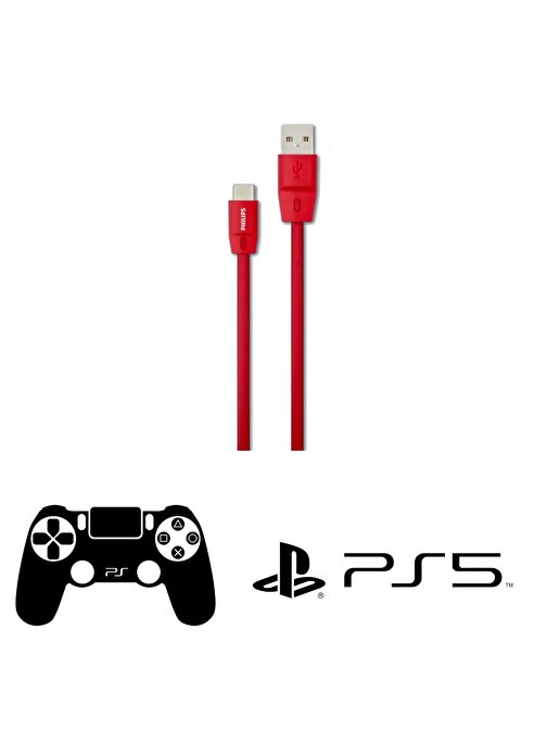 Philips Playstation 5 Uyumlu Joystick Şarj Kablosu 5A 100W UsbA to Type-C 1.8 Metre Hızlı Şarj ve Data Kablosu Kırmızı 2023KR5A2529C