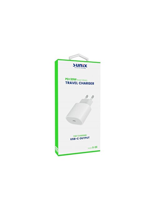 Sunix PD 20W USB-C Girişli Hızlı Şarj Başlığı Beyaz S-26