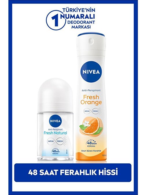 NIVEA Kadın Sprey Deodorant Fresh Orange 150ml ve Mini Roll-on Fresh Natural 25ml, 48 Saat Koruma