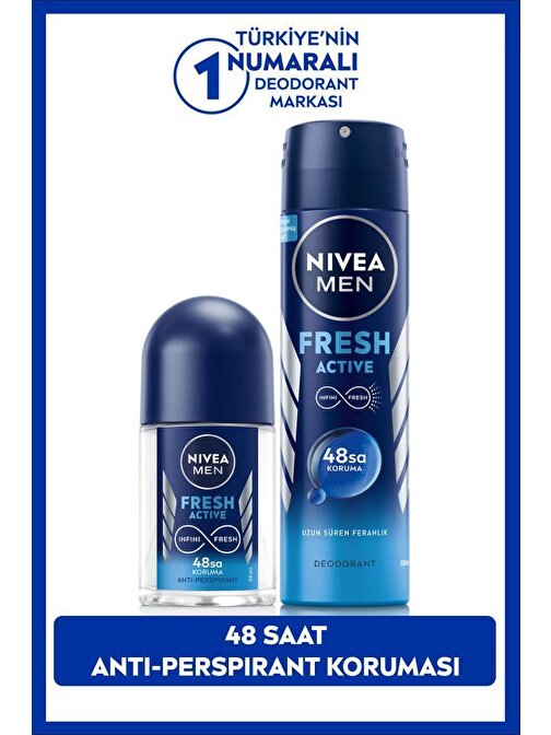 NIVEA MEN Erkek Sprey Deodorant Fresh Active 150ml ve Mini Roll-on Fresh Active 25ml