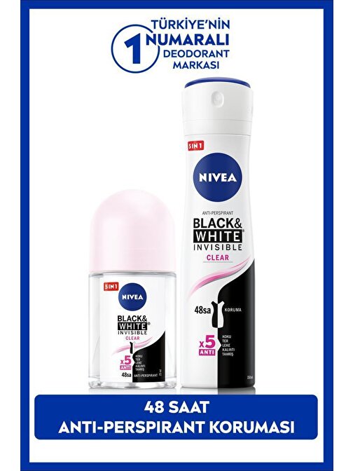 NIVEA Kadın Sprey Deodorant Black&White Clear 150ml ve Mini Roll-on Black&White Clear