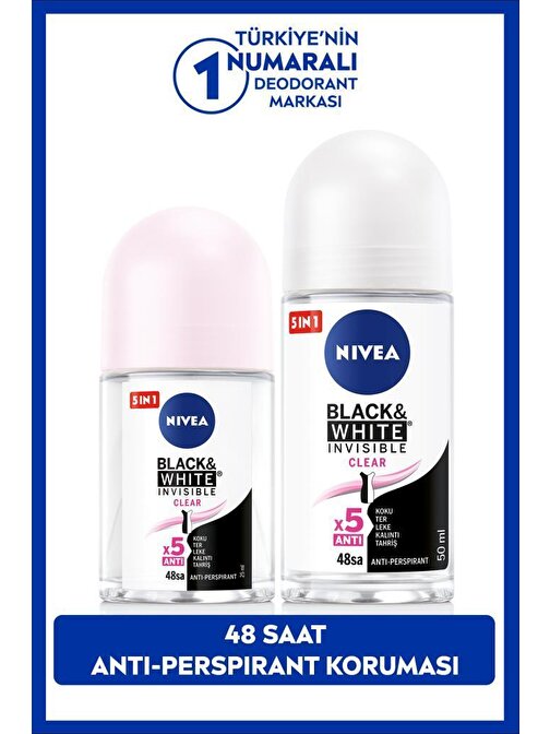 NIVEA Kadın Roll-on Deodorant Black&White Clear 50ml ve Mini Roll-on Black&White Clear 25ml