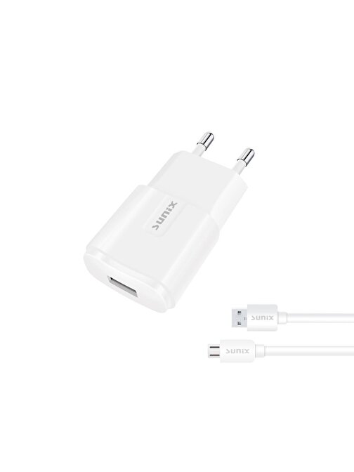 Sunix 2.1A USB-A Girişli Micro Şarj Aleti Seti Beyaz S-21