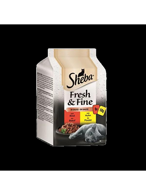 Sheba Pouch Fresh&Fine Sos İçerisinde Sığır Etli Tavuklu Yetişkin Kedi Konservesi 50gr (6'lı)