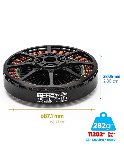 T-Motor U Power Type U8 Lite L 110KV Brushless Fırçasız Brushless Fırçasız UAV Motor Multikopter Multi-rotor Quadcopter Hexacopter Drone Motoru