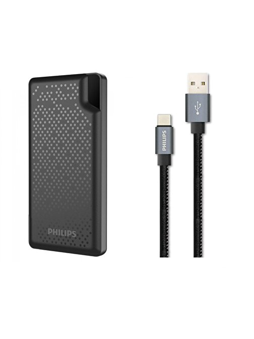 Philips 10000mAh Powerbank UsbA to Type-C Deri Kaplamalı 3A 60W Kablo 1.2m Set DLP2010+DLC2528B