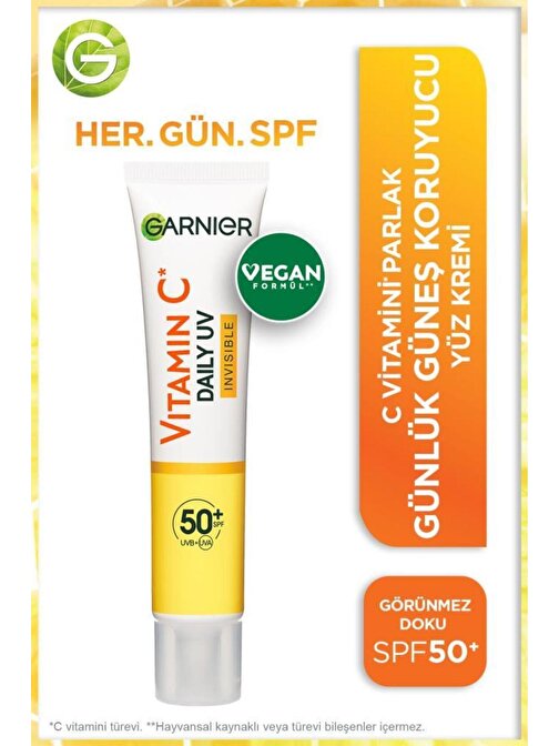 Garnier C Vitamini Parlak Günlük Güneş Koruyucu Fluid Yüz Kremi Görünmez Doku Spf50+ 40 ml
