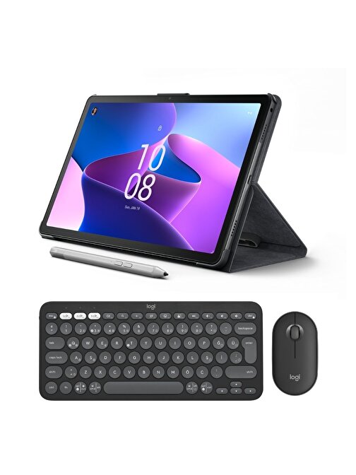 Lenovo Tab M10 Plus (3rd Gen) TB128FU 10.6'' 4GB + 128GB Wifi + Bluetooth Tablet ZAAS0034TR + Logitech Pebble 2 Kablosuz Klavye Mouse Seti Grafit