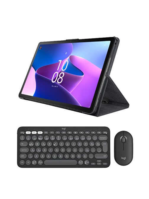 Lenovo Tab M10 Plus (3rd Gen) TB128FU 10.6'' 4GB + 128GB Wifi + Bluetooth Tablet ZAAS0033TR + Logitech Pebble 2 Kablosuz Klavye Mouse Seti Grafit
