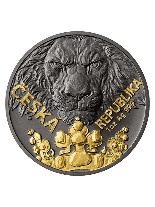 AgaKulche 1 Ons Czech Lion 2023 Siyah Platinyum ve Altın Kaplama Gümüş Sikke Coin (999.0)
