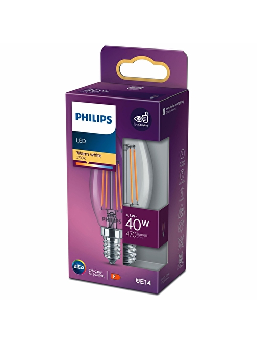 PHILIPS FILAMENT 40W E14 İNCE DUYLU MUM AMPUL SARI IŞIK