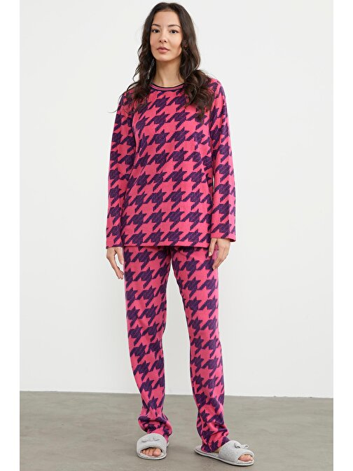 Sıfır Yaka Desenli Polar Pijama Takım - Fuşya