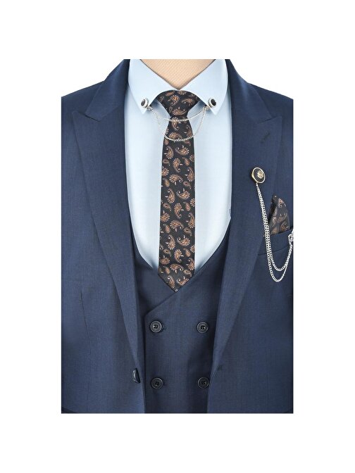 DeepSEA Erkek Lacivert Tek Düğme Çift Yırtmaç Slim Fit 3lü Takım Elbise 2300530