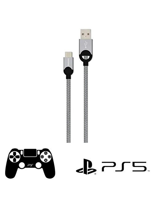 Philips Playstation 5 İle Uyumlu Joystick Şarj Kablosu 5A 100W UsbA to Type-C Örgülü 1.2M Hızlı Şarj Data Kablosu Gri DLC2628T