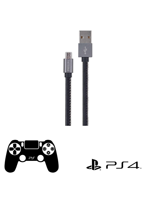 Philips Playstation 4 İle Uyumlu Joystick Şarj Kablosu 3A 60W UsbA to Micro Deri Kaplama Hızlı Şarj Data Kablosu DLC2518B/97