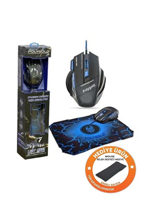Polygold X7 Mavi Kablolu Işıklı Oyuncu Mouse Mousepad