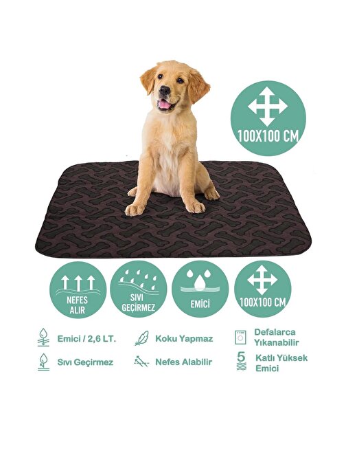 Abso 4 Katlı Yıkanabilir Emici Köpek Pedi Kahve Kemik Baskılı ( 100 X 100 Cm. )