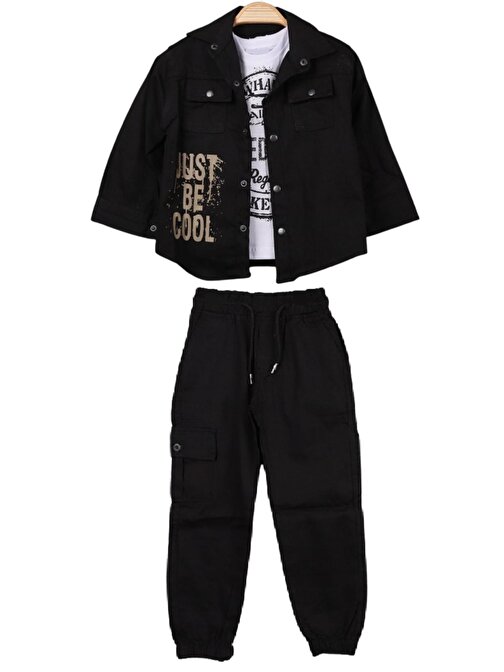 Erkek Çocuk Keten Gömlek Keten Pantolon Tişörtlü Siyah Renk 3 lü Takım