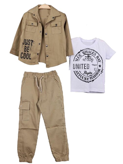 Erkek Çocuk Keten Gömlek Keten Pantolon Tişörtlü Açık Kahve Renk 3 lü Takım