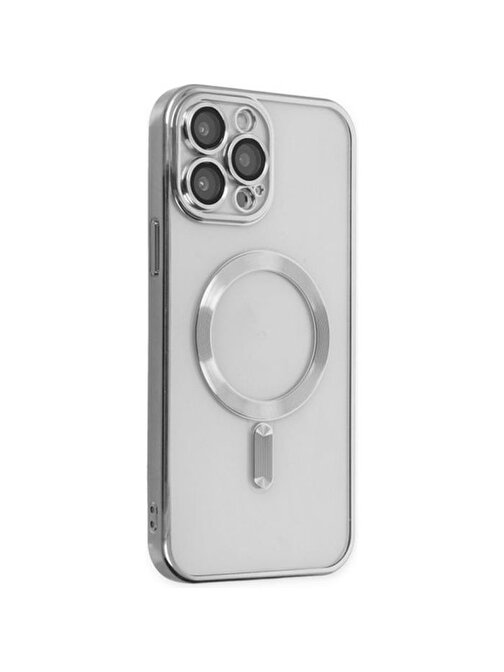 Ally ALLY iPhone 12 Pro 6.1inç Renkli Kenar Lazer Çerçeveli Magsafe Uyumlu Silikon Kılıf Gümüş