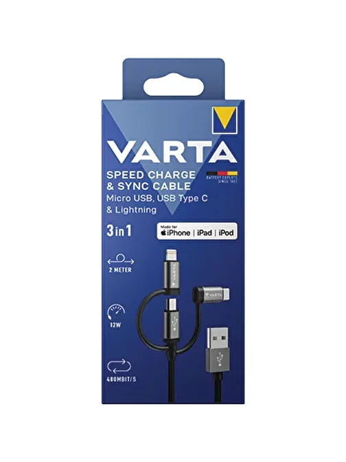 VARTA 3 UÇ BİR ARADA MFI LİSANSLI  KABLO ( 2 METRE)