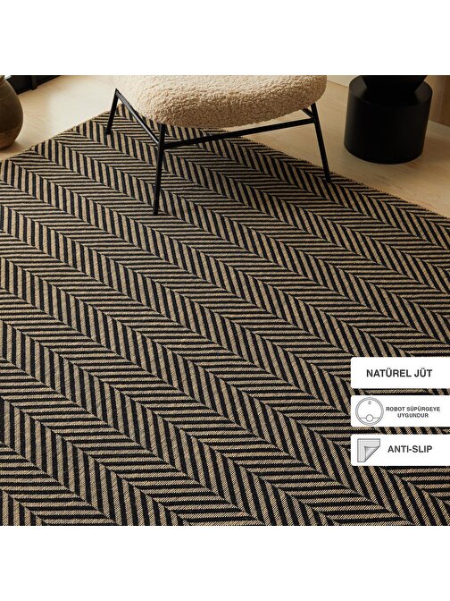 Ocean Home Textile Siyah Renk Balıksırtı Jüt Halı Kilim 200 x 290 cm