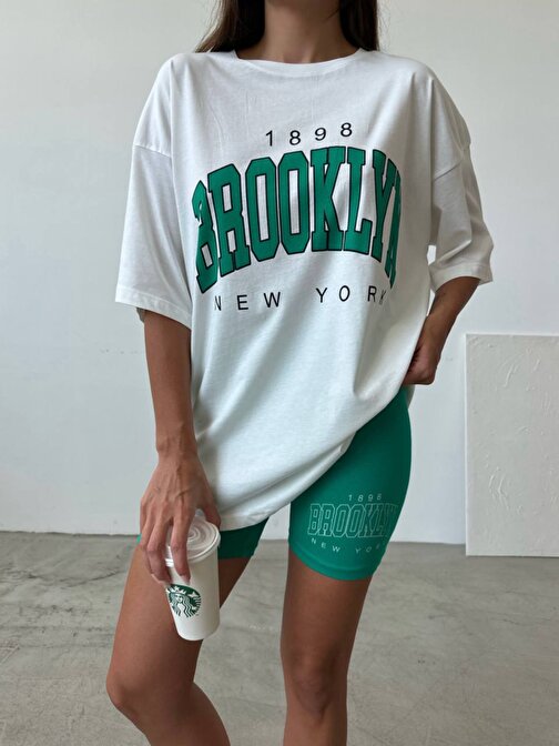 Kadın Brooklyn Beyaz Yeşil 2'Li T-shırt Tayt Takım