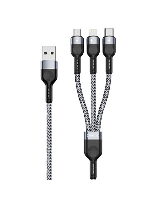 Duzzona A3 3in1 Type-C + iPhone Lightning + Micro USB 3A Hızlı Şarj Kablosu 1.3m