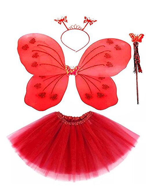 Kırmızı Kelebek Kostümü - Kırmızı Kelebek Kostüm Aksesuar Seti 4 Parça