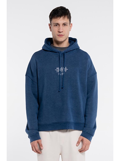 Velo Erkek Blue Kapüşonlu Ekstra Oversize Sweatshirt Hoodie - Yıkama Efektli 3 İplik Kumaş  | L