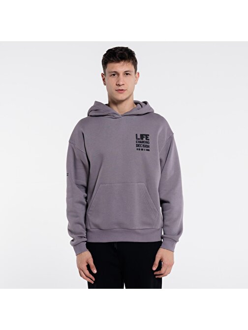 Sydney Erkek Gri Ekstra Oversize Kapüşonlu Sweatshirt Hoodie - Şardonlu 3 İplik | XL