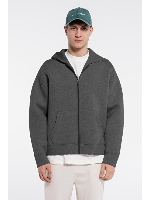 Panda Erkek Antrasit Melanj Kanguru Cepli Kapüşonlu Ekstra Oversize Sweatshirt Hoodie - Scuba Kumaş | XS