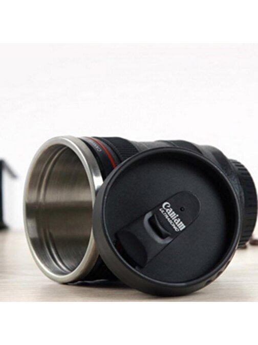 Çelik Objektif Lens Tasarımlı Kupa Bardak Dekoratif Hediyelik