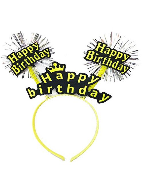 Parti Happy Birthday Püsküllü Neon Sarı Renk Doğum Günü Tacı 22x19 cm