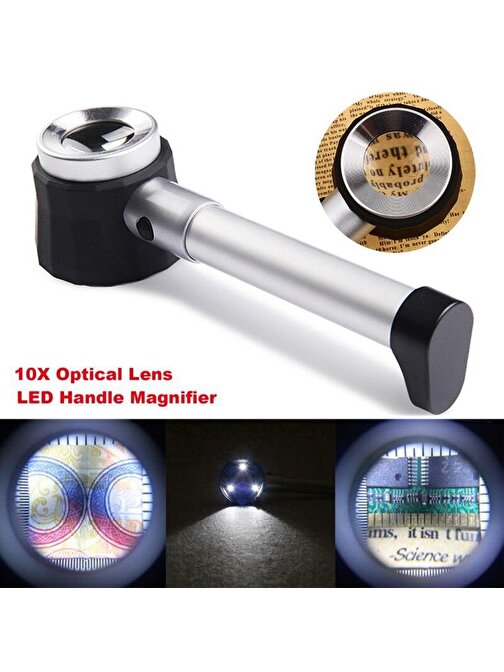 10X Optik Ölçekli Metal El Büyüteç Cam Lens 3 LED Işıklı Fermuarlı EVA Çantalı