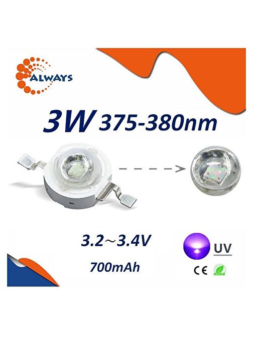 3W UV Boncuk Power Led 375-380nm 700 mAh Ø 8mm 3.2-3.4V