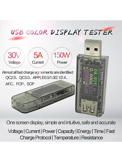 5A 30V USB Renkli Dijital Ekran Voltmetre Ampermetre Akım Ölçer