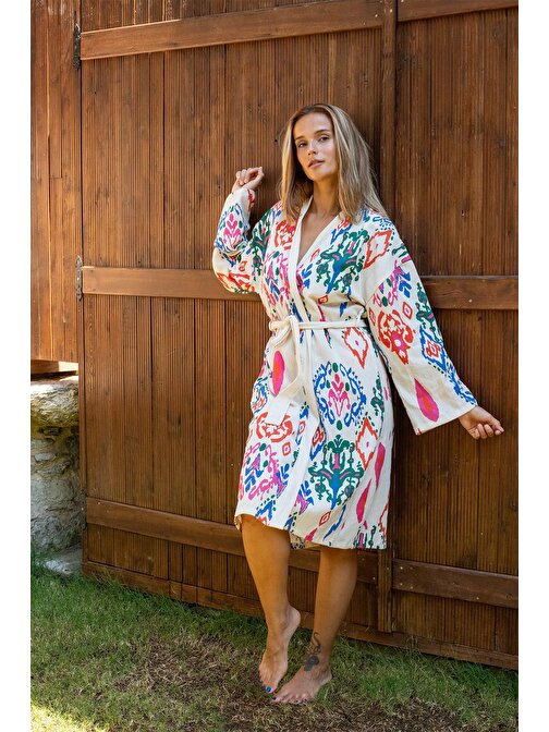 Vivamaison Şile Bezi %100 Pamuk Kimono Bornoz Baskılı Etnik Desen