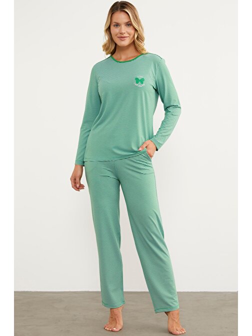 Çizgili Uzun Kol Pijama Takım - Yeşil