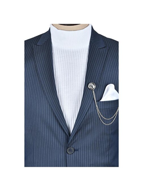 DeepSEA Erkek Mavi Çizgili Çift Düğme Çift Yırtmaç Slim Fit 2li Takım Elbise 2300314