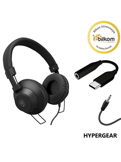 Hypergear 2024 V50 Type-C ve 3.5mm Jack Girişli Mikrofonlu Kablolu Kulaküstü Kulaklık Siyah