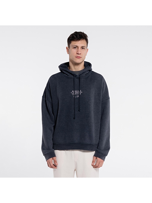 Velo Erkek Antrasit Kapüşonlu Ekstra Oversize Sweatshirt Hoodie - Yıkama Efektli 3 İplik Kumaş  | S