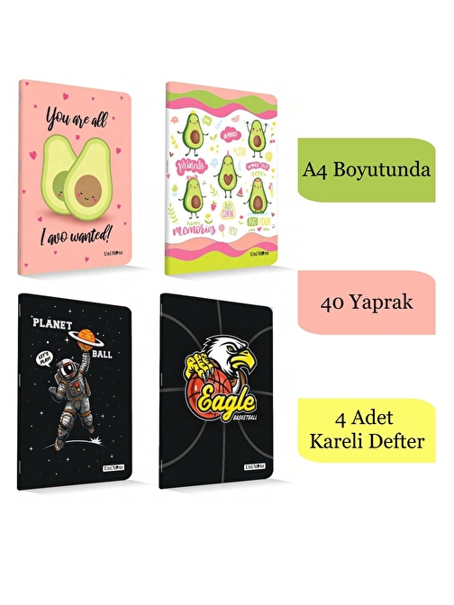 Çınar A4 40 Yaprak Karton Kapak Dikişli Defter Kareli 4 Adet