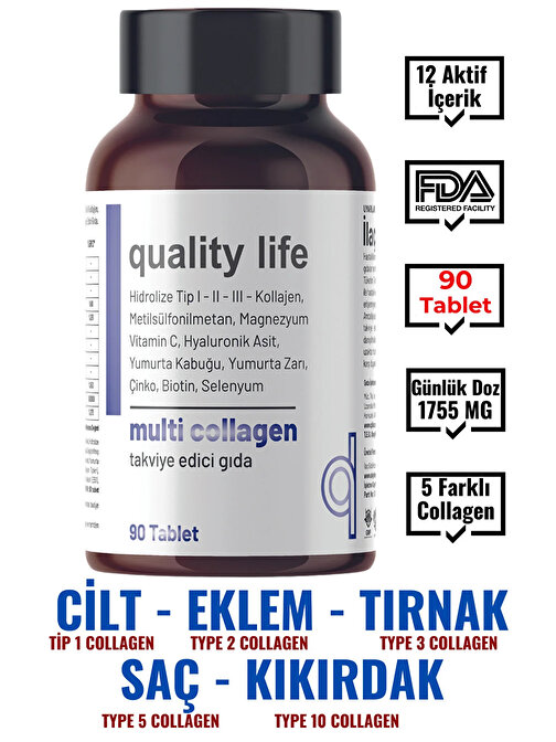 Multi Collagen 90 Tablet - Tip 1-2-3-5-10 Kolajen MSM Magnezyum C Vitamini Yumurta Kabuğu Zarı Çinko