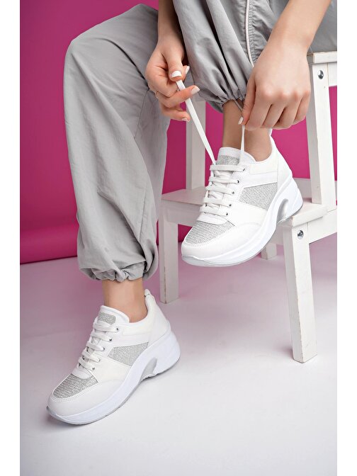 Muggo MARLON Garantili Kadın Ortopedik Yüksek Taban Günlük Bağcıklı Simli Sneaker Spor Ayakkabı