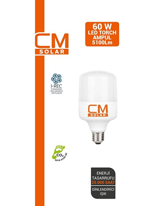 CMSOLAR LED TORCH AMPUL 60W E27 Duy 6500K Beyaz Işık 5400 Lümen