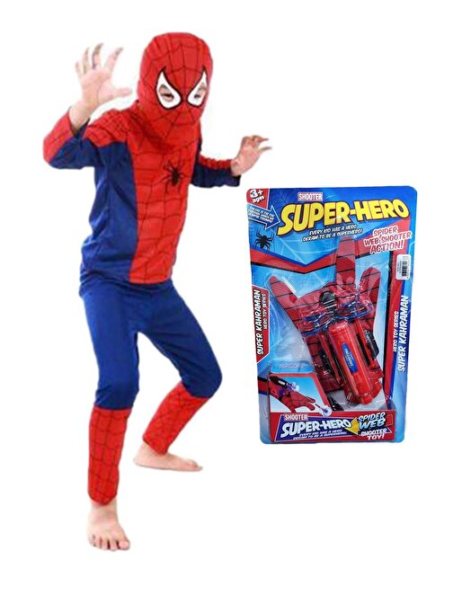 Parçalı Spiderman Örümcek Adam Kostümü + Spiderman Figür + Spiderman Maske - Örümcek Adam Kostüm
