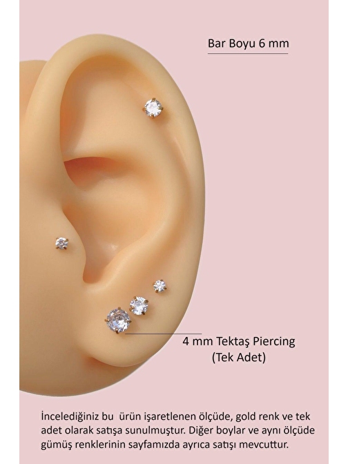 4 mm Tektaşlı 6 mm Çelik Piercing Gold Renkli